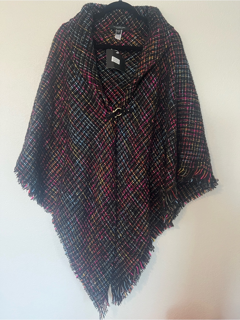 Marc New York Black Multicolor Plaid Fringe Poncho